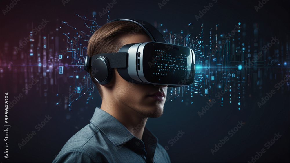 The image shows a person in virtual reality with a VR headset surrounded by digital graphics, symbolizing the fusion of technology and human interaction in virtual spaces. The image shows a person in virtual reality with a VR headset surrounded by digital graphics, symbolizing the fusion of technology and human interaction in virtual spaces.