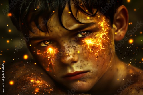 Neurogenesis neurotrophic factors quantum foam particle physics and morphogenesis young boy with glowing embers surrounding his face in a dramatic and dark setting photo