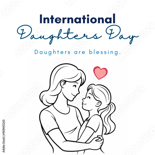 Happy Daughter Day. Happy mom with her female child in continuous line art drawing style. Mother and daughter hugging. Minimalist black linear sketch isolated on white background. Vector illustration
