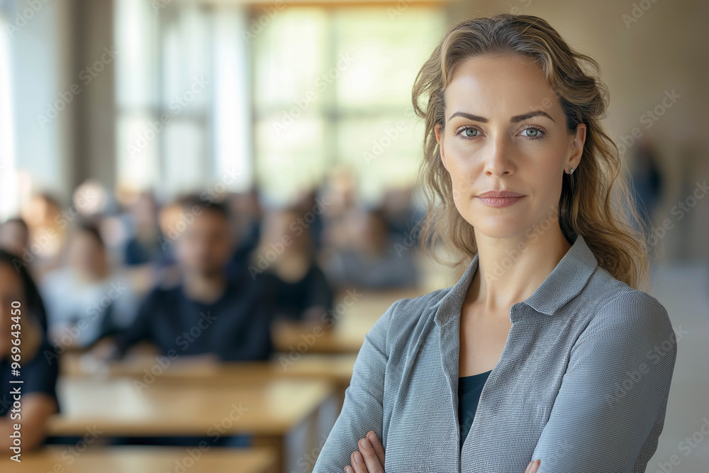 A female professor of European appearance stands in front of a class at a university. University study concept. Advertising banner. A female professor of European appearance stands in front of a class at a university. University study concept. Advertising banner.