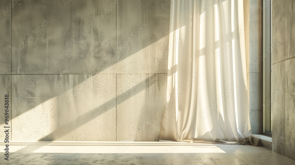 A contemporary light background with a touch of industrial aesthetic: sunlight streaming through minimalist curtains, casting geometric shadows on a concrete wall A contemporary light background with a touch of industrial aesthetic: sunlight streaming through minimalist curtains, casting geometric shadows on a concrete wall