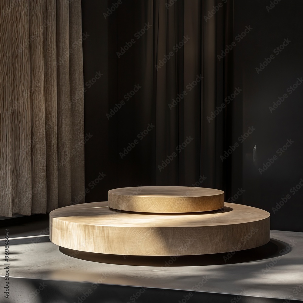 Floating round podium with invisible suspension, giving a magical effect to the products on display.generative ai Floating round podium with invisible suspension, giving a magical effect to the products on display.generative ai