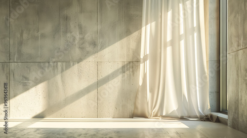 A contemporary light background with a touch of industrial aesthetic: sunlight streaming through minimalist curtains, casting geometric shadows on a concrete wall