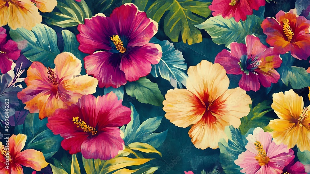 Vibrant Tropical Floral Pattern with Vivid Hibiscus Flowers and Lush Green Foliage. Vibrant Tropical Floral Pattern with Vivid Hibiscus Flowers and Lush Green Foliage.