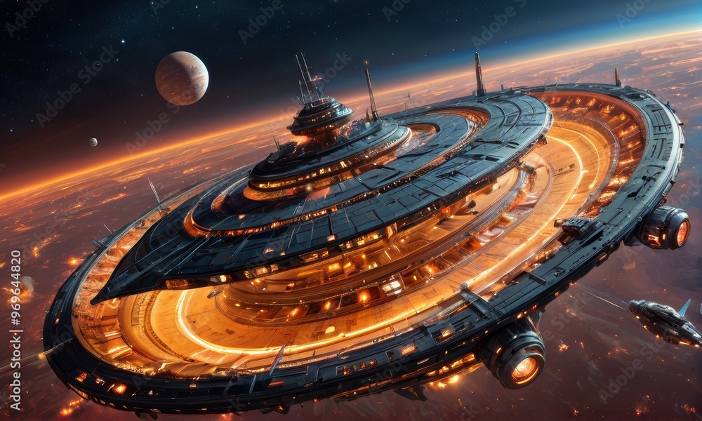 Futuristic Space Station Orbiting Alien Planet