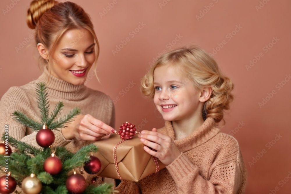 Mother and daughter joyfully decorating Christmas gift by the festive tree in warm atmosphere Mother and daughter joyfully decorating Christmas gift by the festive tree in warm atmosphere