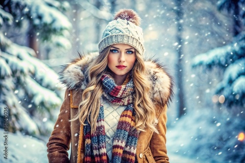 Gorgeous woman in winter coat and knitted hat posing in snowy forest with falling snow