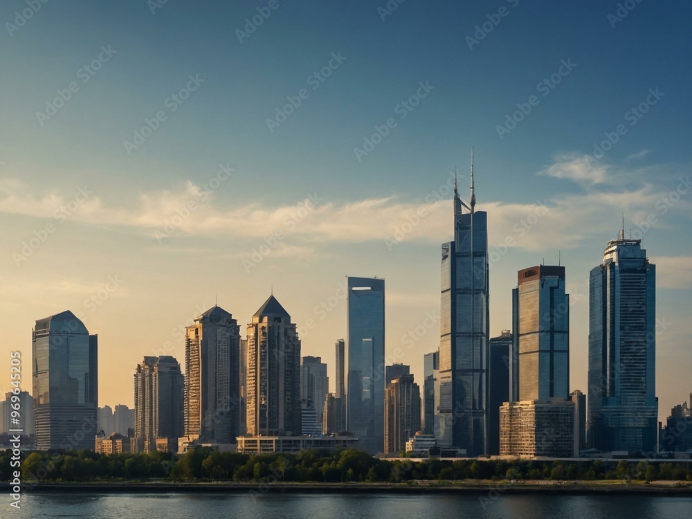 Panoramic view of the city skyline, buildings standing tall against the clear sky. Panoramic view of the city skyline, buildings standing tall against the clear sky.