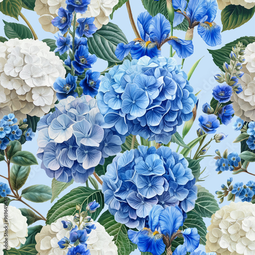 Seamless vector pattern with blue garden flowers isolated on a changeable background. Vintage painting style illustration.