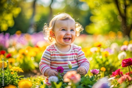 Happy little baby girl sitting in the flowers field on a sunny day