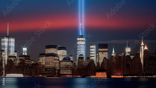 tribute appears red new york city skyline marking patriot day america photo