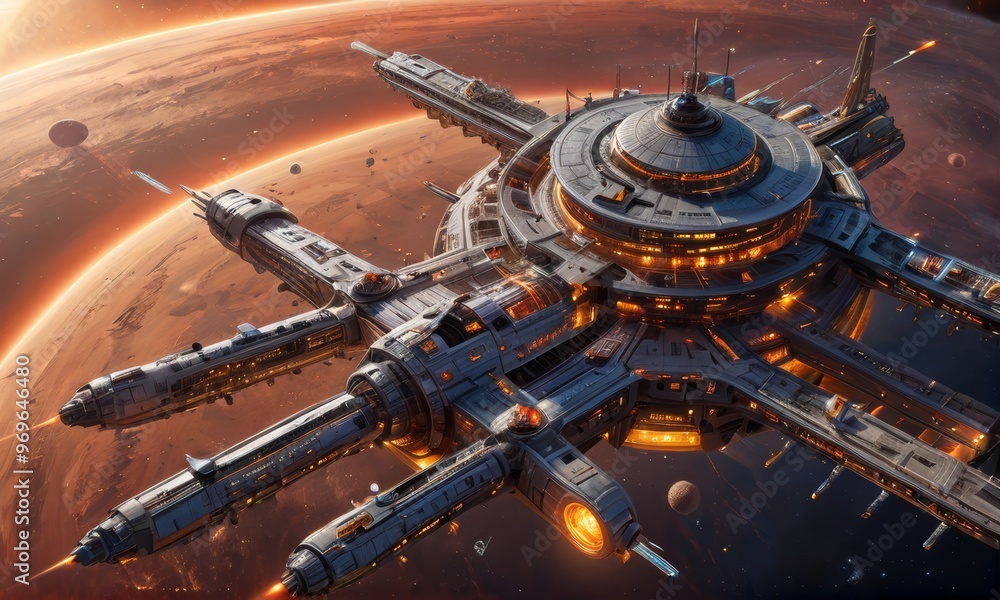 Futuristic Space Station Orbiting Alien Planet Futuristic Space Station Orbiting Alien Planet
