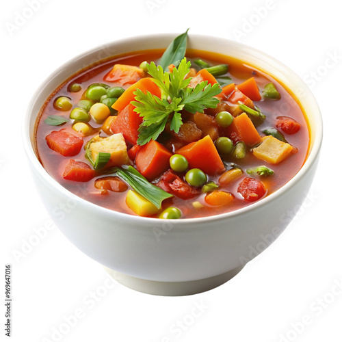 A bowl of hearty vegetable soup isolated on transparent background.