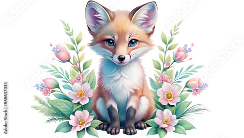 Watercolor Little Fox Cub on Transparent Background