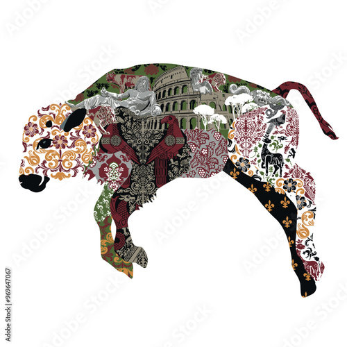 Silhouette of a calf with miniatures symbolizing Italy on a white background.