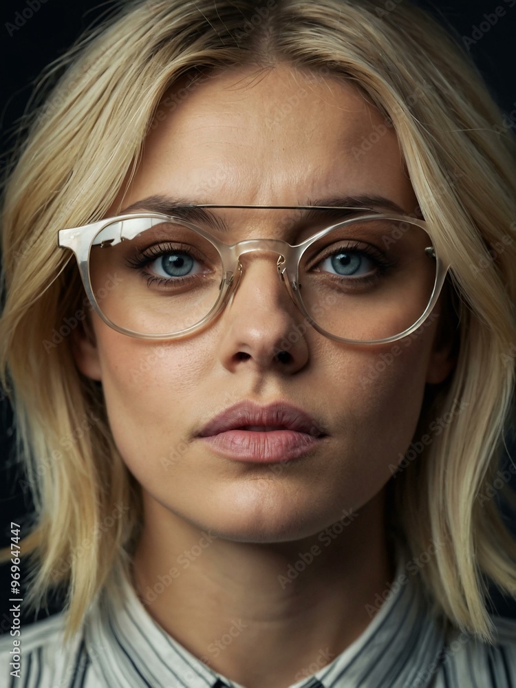 A blonde woman with glasses stares confidently into the camera lens. A blonde woman with glasses stares confidently into the camera lens.
