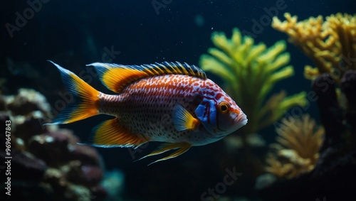 A close-up of an exotic fish navigating a dark aquarium, emphasizing the contrast between its vibrant colors and the shadowy background.