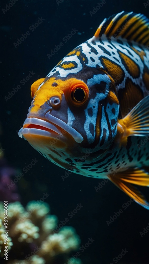A close-up shot of an exotic fish swimming in a dark aquarium, highlighting its vivid colors and unique patterns. A close-up shot of an exotic fish swimming in a dark aquarium, highlighting its vivid colors and unique patterns.