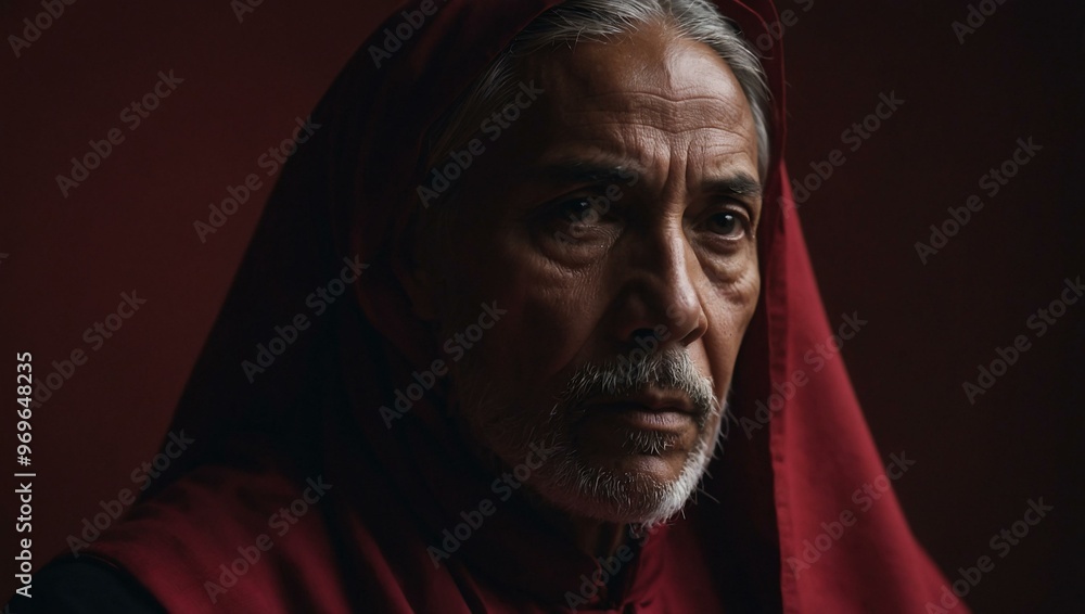 A contemplative figure shrouded in crimson hues. A contemplative figure shrouded in crimson hues.