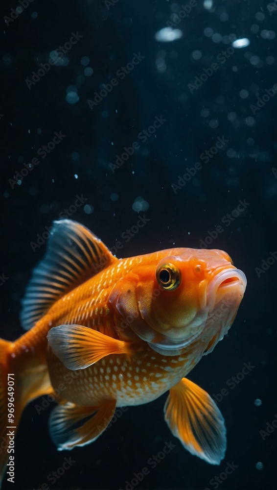 A goldfish swimming in a dimly lit aquarium, captured in a close-up shot that highlights its shimmering scales. A goldfish swimming in a dimly lit aquarium, captured in a close-up shot that highlights its shimmering scales.