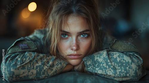 A young woman in military fatigues stares intently at the camera. photo