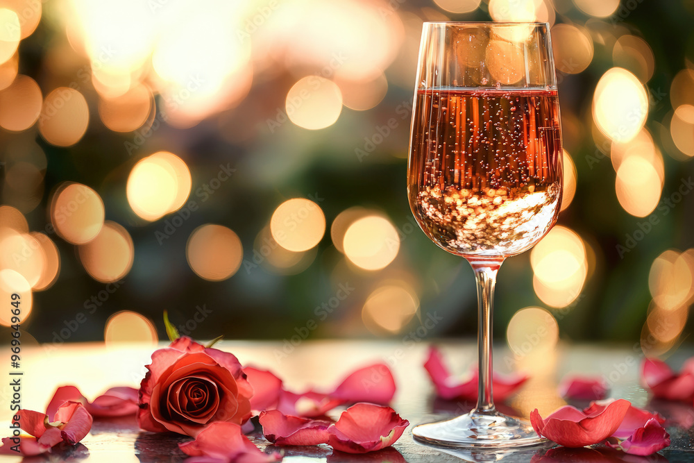 A wine glass filled with sparkling rose sits elegantly beside scattered rose petals, creating romantic atmosphere. soft bokeh background enhances enchanting mood A wine glass filled with sparkling rose sits elegantly beside scattered rose petals, creating romantic atmosphere. soft bokeh background enhances enchanting mood