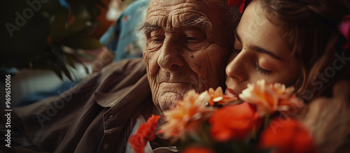 Heartwarming Moment Between Grandfather and Granddaughter Surrounded by Flowers, Celebrating Love, Family Bond, and Generational Connection in a hospital or hospice setting end of life care home elder