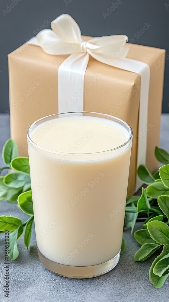 A white porcelain tumbler filled with milk rests next to a wrapped gift box, accompanied by a sprig of green plant on a dark wood table, creating a warm and inviting setting A white porcelain tumbler filled with milk rests next to a wrapped gift box, accompanied by a sprig of green plant on a dark wood table, creating a warm and inviting setting