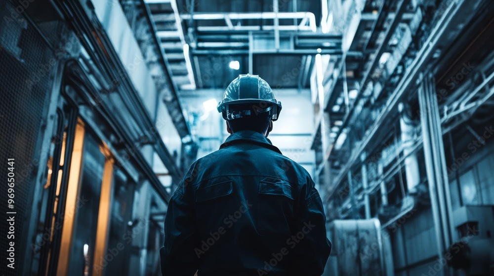A factory worker in safety gear gets ready to use machinery in a busy industrial area A factory worker in safety gear gets ready to use machinery in a busy industrial area