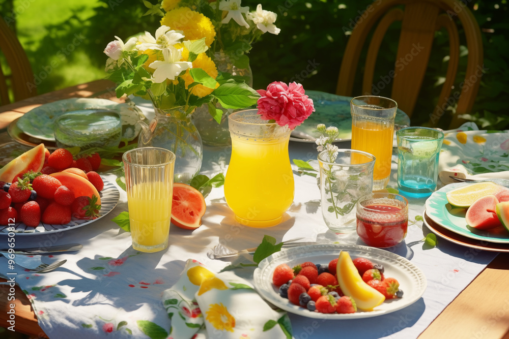 Vibrant Summer Breakfast Table Decorated with Fresh Fruits and Colorful Flowers Vibrant Summer Breakfast Table Decorated with Fresh Fruits and Colorful Flowers
