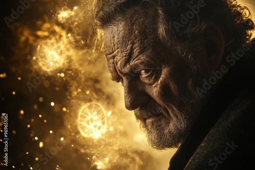 Neural oscillation brainwave patterns photonic energy holographic field and visual perception elderly man reflecting on life surrounded by glowing golden lights in a dramatic atmosphere photo