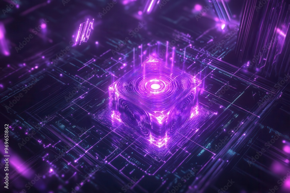 Abstract quantum computing core glowing with violet energy, surrounded by swirling data streams and geometric algorithmic patterns, in a cybernetic setting Abstract quantum computing core glowing with violet energy, surrounded by swirling data streams and geometric algorithmic patterns, in a cybernetic setting