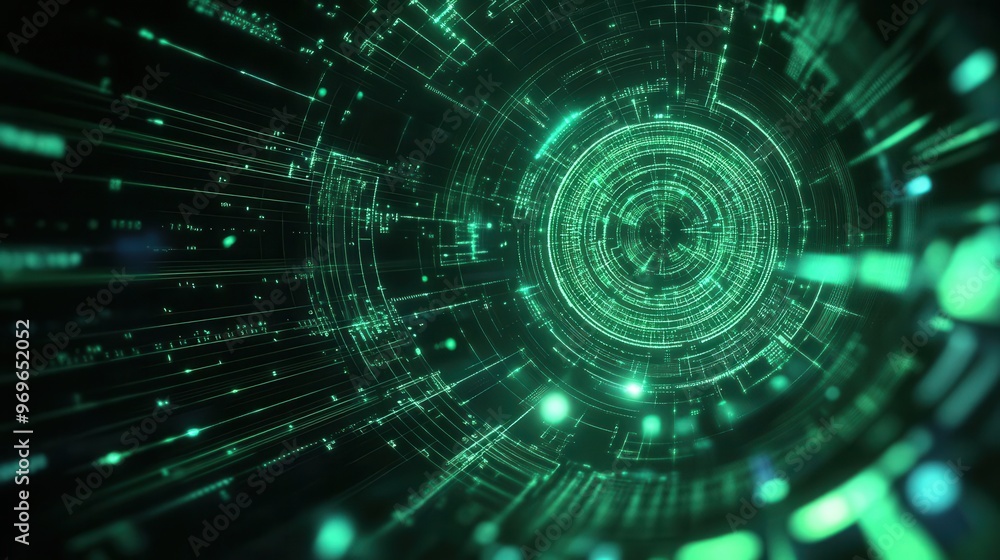 Obraz premium Abstract quantum computing core radiating vibrant green light, with dynamic data streams and complex algorithmic patterns orbiting around it, in a hightech atmosphere