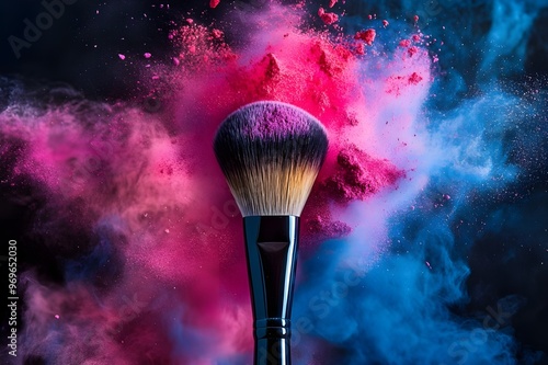 Two Soft cosmetic brushes release a cloud of colored smoke from bright eyeshadow and powder, cosmetics and beauty industry. Bright creative makeup, concept