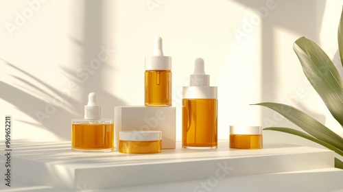 Golden Serum Bottles and Cream Jar on White Platform with Green Leaf.