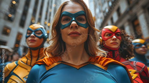 A group of superheroes in colorful costumes stand confidently in an urban setting, exuding strength and unity against a city backdrop