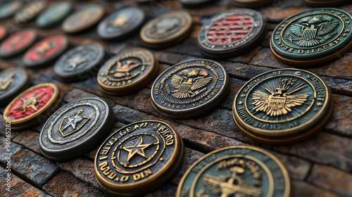 Close-up of military challenge coins arranged on a rustic surface.