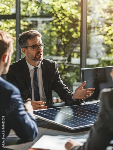 Businessman providing a consultation on solar panels for a team of coworkers or customers during a meeting in the office. Discussing renewable energy and benefits of solar technology