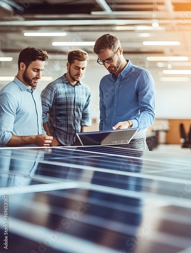 Businessman providing a consultation on solar panels for a team of coworkers or customers during a meeting in the office. Discussing renewable energy and benefits of solar technology