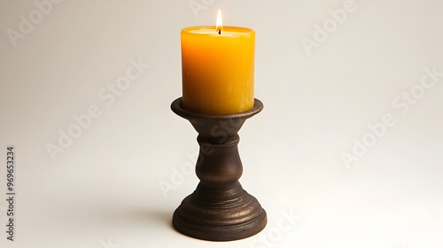 Glowing amber candle flame casting warm inviting light and creating a cozy relaxing ambiance in a minimalist interior setting Soft shadows and contrast add to the peaceful meditative mood