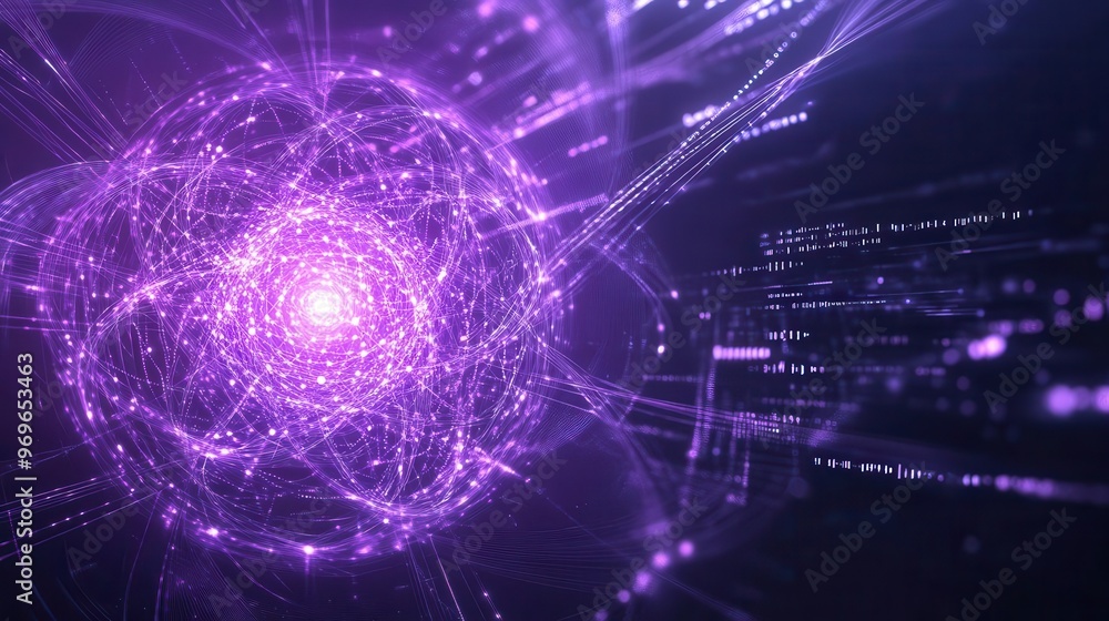 Obraz premium Abstract quantum core radiating purple light, with cascading data streams and intricate algorithmic designs orbiting around it, in a digital atmosphere