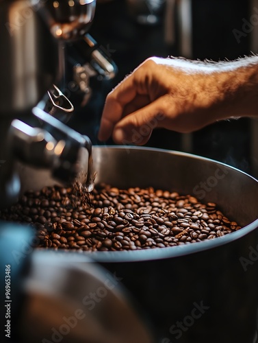 Coffee beans in a hand over coffee roaster