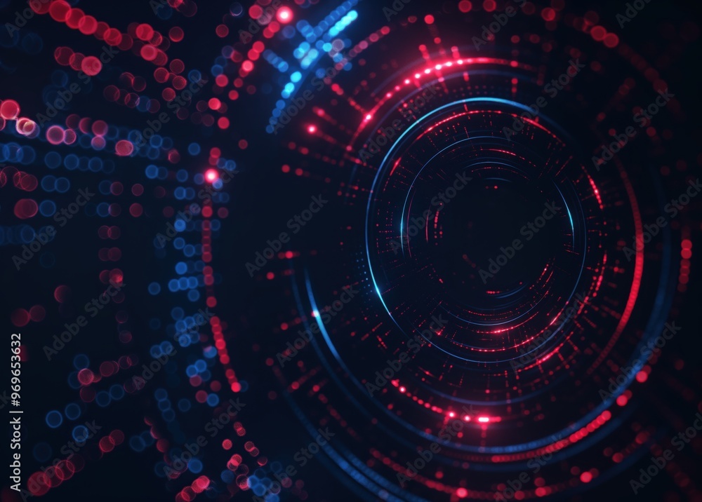 Obraz premium A colorful, glowing, and abstract image of a circle. The circle is surrounded by a blue and red background. The image has a futuristic and otherworldly feel to it