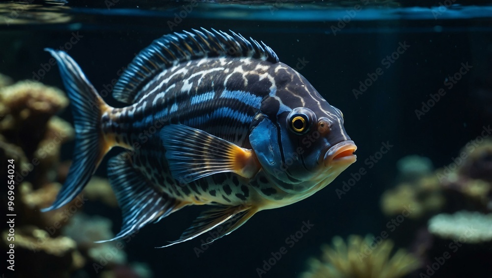 An exotic fish navigating the depths of a dark aquarium, captured in a close-up image that highlights its striking appearance. An exotic fish navigating the depths of a dark aquarium, captured in a close-up image that highlights its striking appearance.