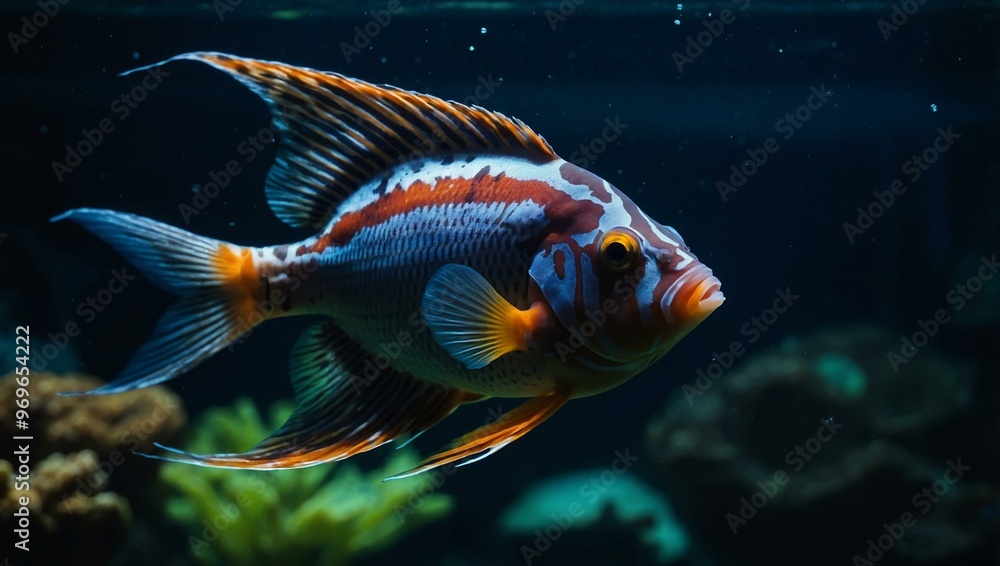 An exotic fish swimming in a dark aquarium, captured in a close-up that emphasizes its bright colors against the dark water. An exotic fish swimming in a dark aquarium, captured in a close-up that emphasizes its bright colors against the dark water.