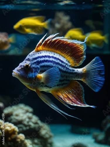 An exotic fish swimming in a dimly lit aquarium, with a close-up shot that focuses on its striking colors and textures.