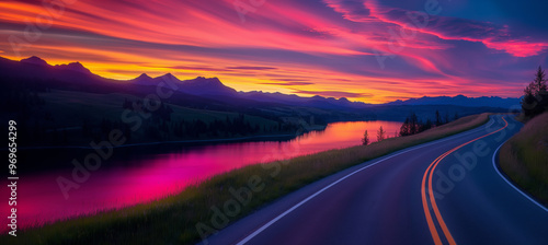 Stunning curved road winding alongside a vibrant lake at sunset, with dramatic clouds and colorful reflections, symbolizing travel, exploration, and the beauty of nature