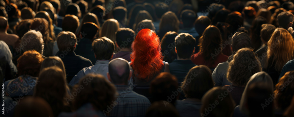 Fototapeta premium A single person with bright red hair stands out in a crowd of people, symbolizing individuality, uniqueness, or leadership amidst conformity