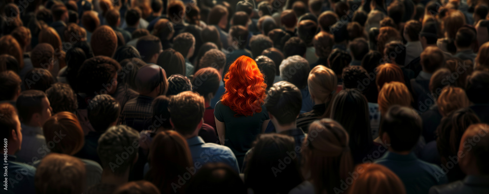 Obraz premium Woman with vibrant red hair stands out in a sea of dark-haired people, symbolizing individuality and the courage to be different