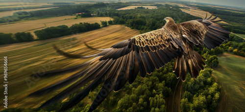 An eagle soaring majestically over vast open fields, embodying freedom, vision, leadership, and strength, providing a bird's-eye perspective of the world below photo